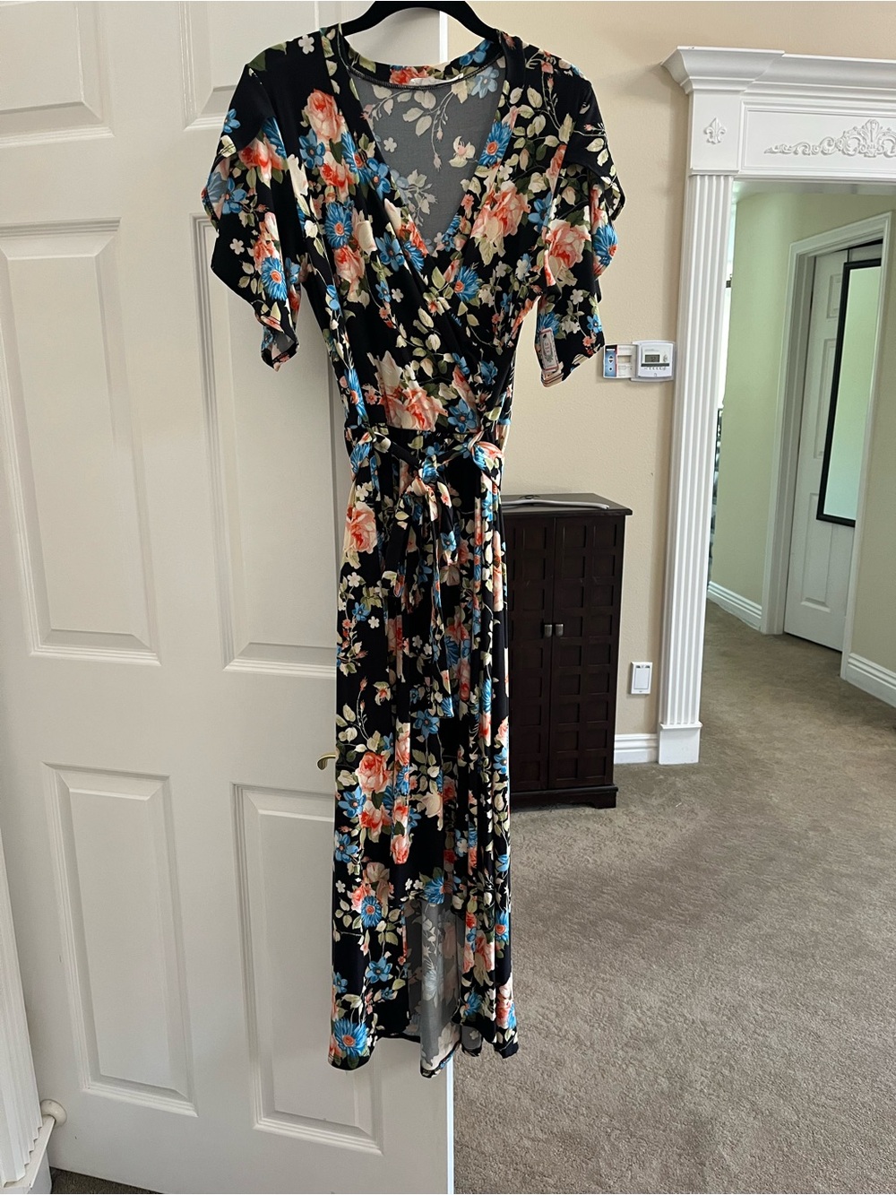 Mai Soli Floral Maxi Dress in Black with Blue & Pink/Peach Flowers